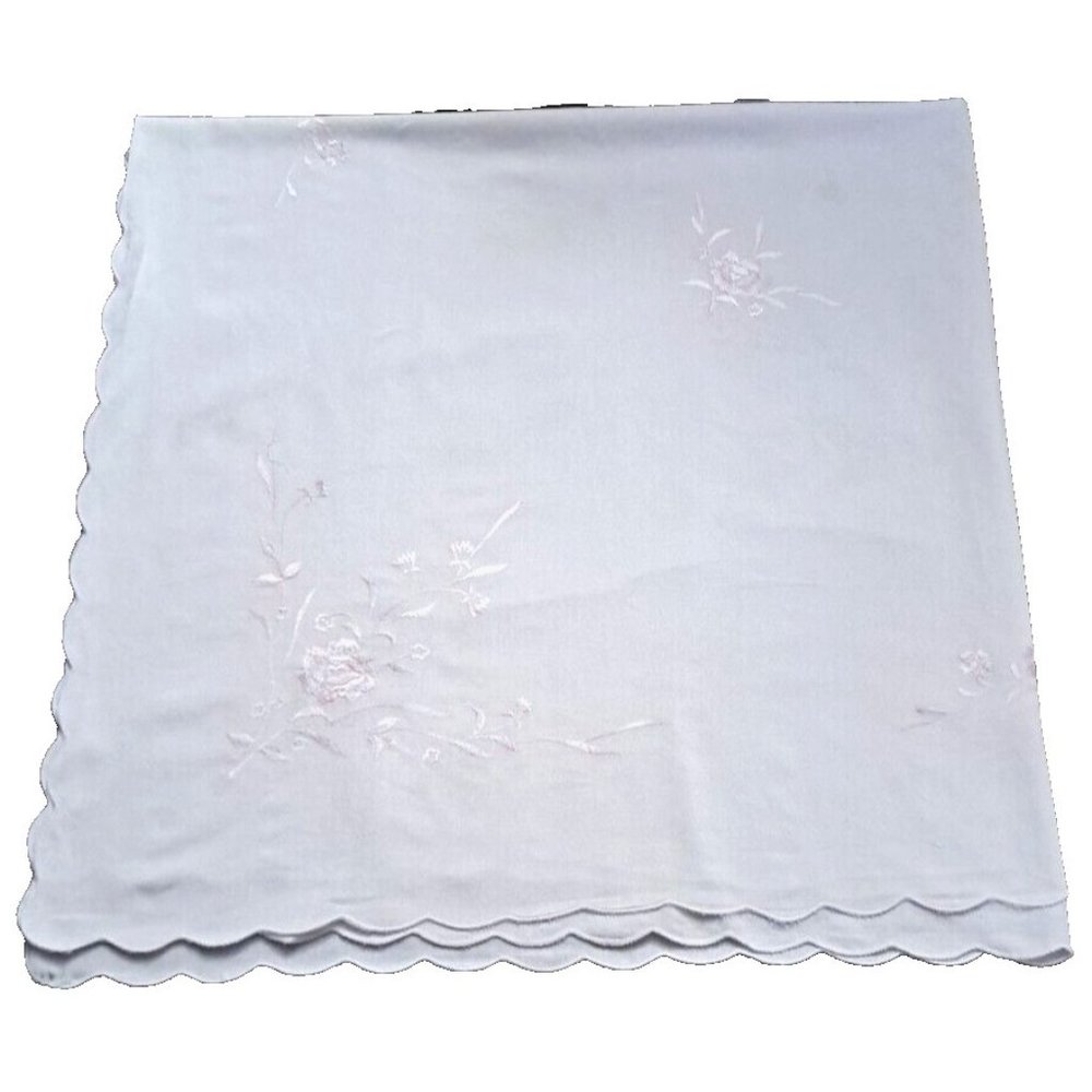Vintage Square Tablecloth Embroidered Roses Pink White Scalloped Edges 49x49